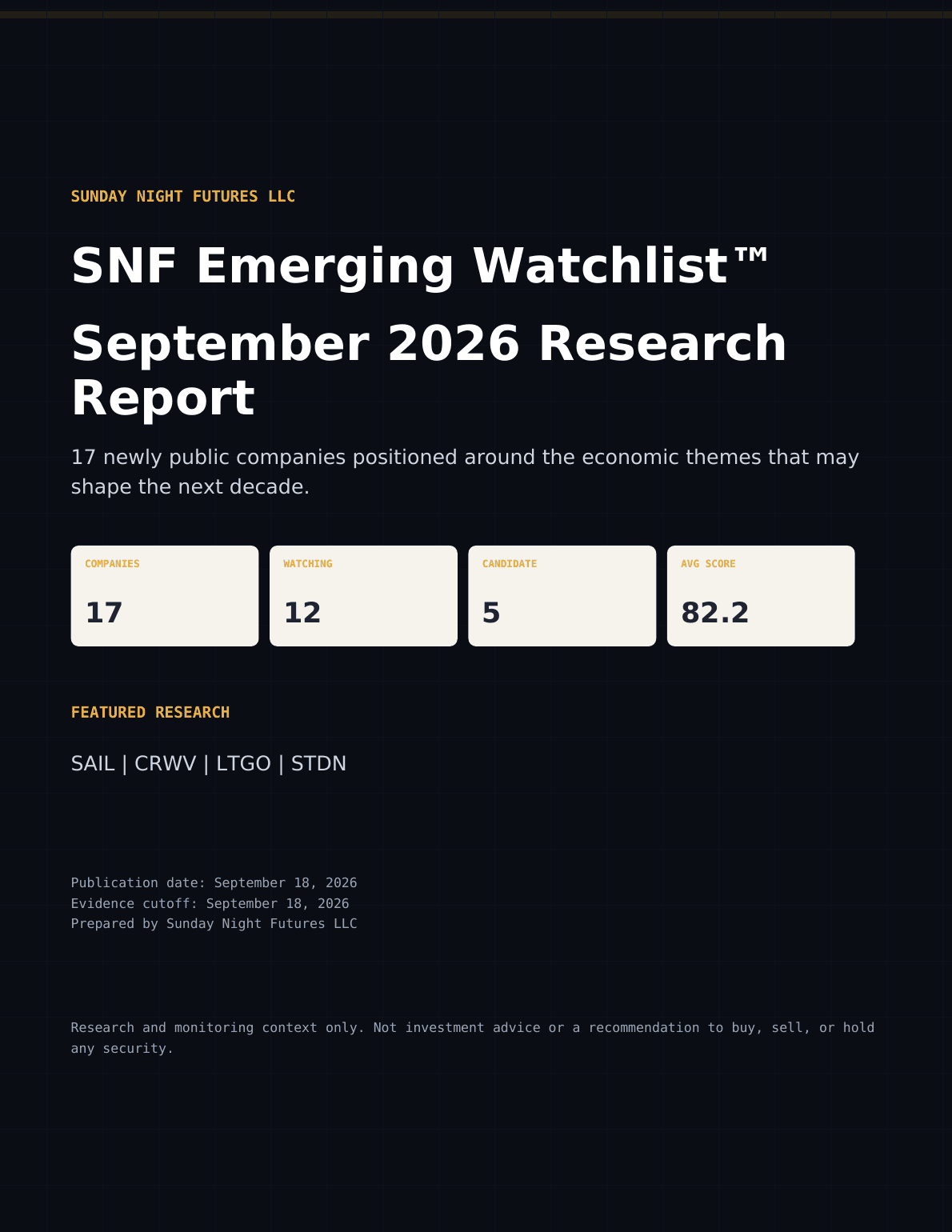 Cover of the SNF Emerging Watchlist September 2026 Research Report